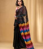 Black Cotton Handwoven Soft Saree With Stripe Pattern