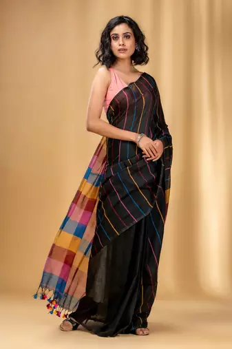 Black Cotton Handwoven Soft Saree With Stripe Pattern
