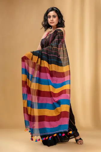 Black Cotton Handwoven Soft Saree With Stripe Pattern