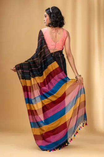 Black Cotton Handwoven Soft Saree With Stripe Pattern