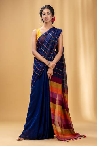 Royal Blue Cotton Handwoven Soft Saree With Stripe Pattern