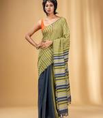 Lime Green And Grey Cotton Handwoven Half N Half Saree With Stripe Pattern