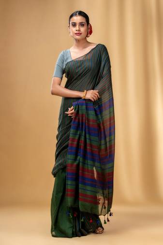 Green Cotton Handwoven Half N Half Saree With Stripe Pattern