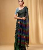 Green Cotton Handwoven Half N Half Saree With Stripe Pattern