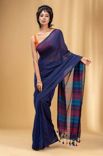 Blue Cotton Handwoven Half N Half Saree With Stripe Pattern