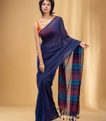 Blue Cotton Handwoven Half N Half Saree With Stripe Pattern