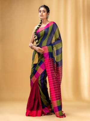 Multicolor Cotton Handwoven Saree With Stripe Gheecha Pallu 1