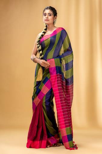 Multicolor Cotton Handwoven Saree With Stripe Gheecha Pallu