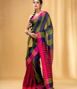 Multicolor Cotton Handwoven Saree With Stripe Gheecha Pallu