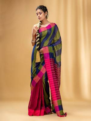 Multicolor Cotton Handwoven Saree With Stripe Gheecha Pallu 2