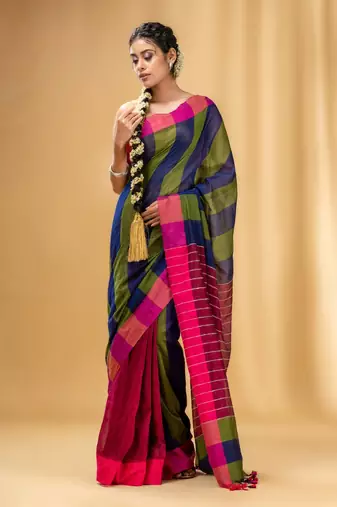 Multicolor Cotton Handwoven Saree With Stripe Gheecha Pallu