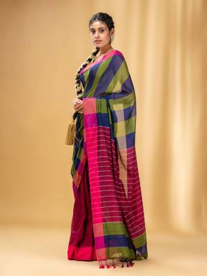 Multicolor Cotton Handwoven Saree With Stripe Gheecha Pallu 3