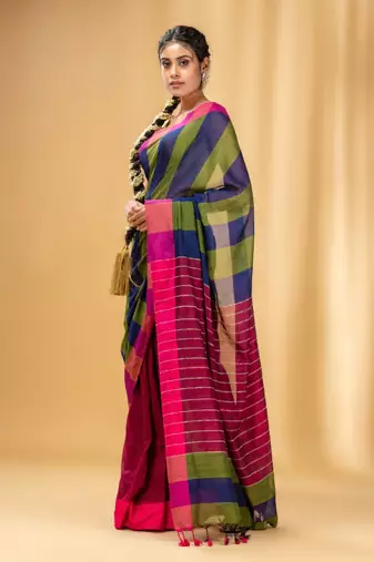 Multicolor Cotton Handwoven Saree With Stripe Gheecha Pallu