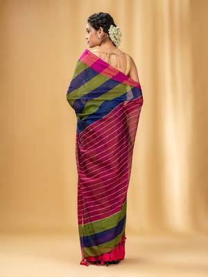 Multicolor Cotton Handwoven Saree With Stripe Gheecha Pallu 4