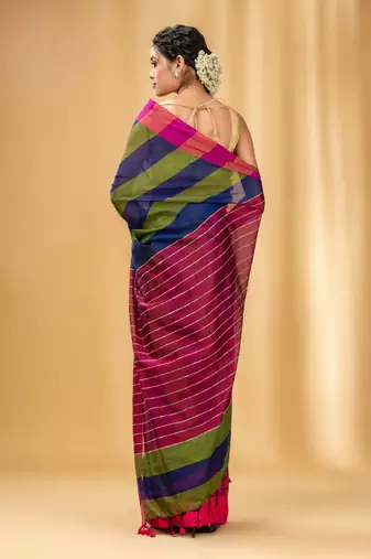 Multicolor Cotton Handwoven Saree With Stripe Gheecha Pallu
