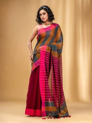 Multicolor Cotton Handwoven Saree With Stripe Gheecha Pallu 1