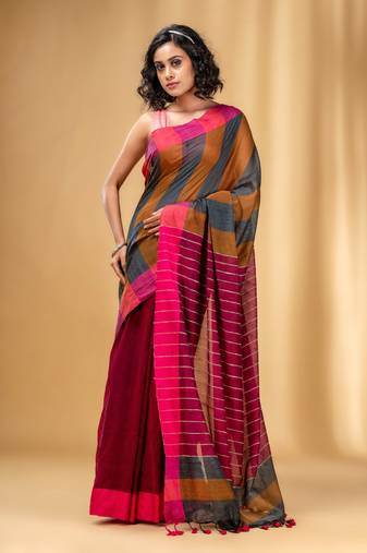 Multicolor Cotton Handwoven Saree With Stripe Gheecha Pallu
