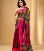 Multicolor Cotton Handwoven Saree With Stripe Gheecha Pallu