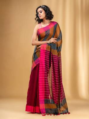 Multicolor Cotton Handwoven Saree With Stripe Gheecha Pallu 2