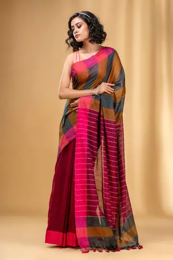 Multicolor Cotton Handwoven Saree With Stripe Gheecha Pallu