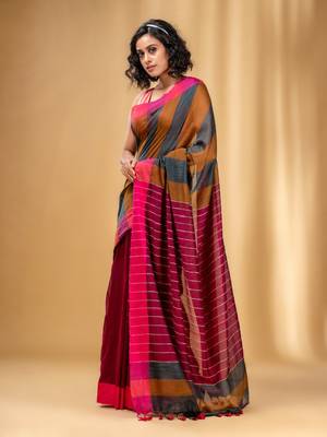 Multicolor Cotton Handwoven Saree With Stripe Gheecha Pallu 3