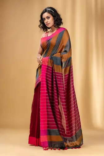 Multicolor Cotton Handwoven Saree With Stripe Gheecha Pallu