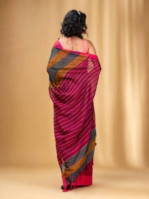 Multicolor Cotton Handwoven Saree With Stripe Gheecha Pallu 4