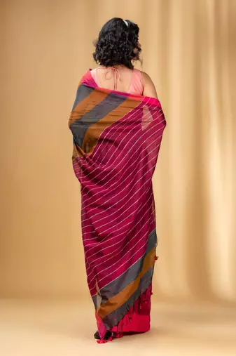 Multicolor Cotton Handwoven Saree With Stripe Gheecha Pallu
