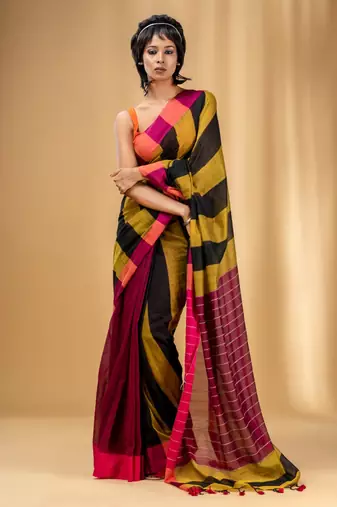 Multicolor Cotton Handwoven Saree With Stripe Gheecha Pallu