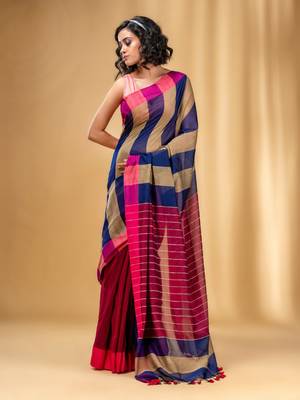 Multicolor Cotton Handwoven Saree With Stripe Gheecha Pallu 1
