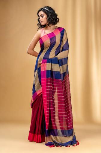 Multicolor Cotton Handwoven Saree With Stripe Gheecha Pallu