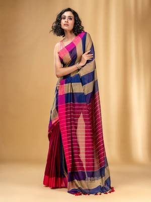 Multicolor Cotton Handwoven Saree With Stripe Gheecha Pallu 2