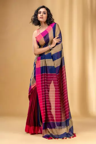 Multicolor Cotton Handwoven Saree With Stripe Gheecha Pallu