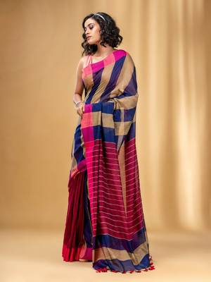 Multicolor Cotton Handwoven Saree With Stripe Gheecha Pallu 3