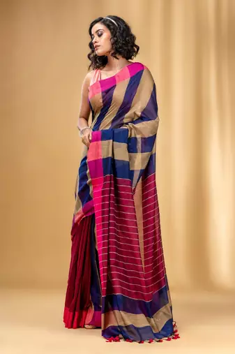 Multicolor Cotton Handwoven Saree With Stripe Gheecha Pallu