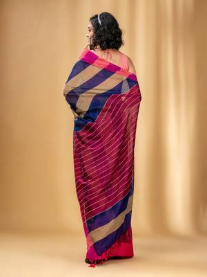Multicolor Cotton Handwoven Saree With Stripe Gheecha Pallu 4