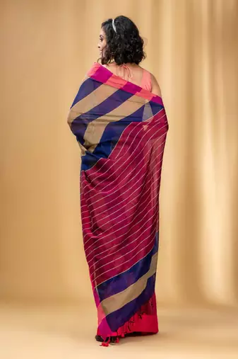 Multicolor Cotton Handwoven Saree With Stripe Gheecha Pallu