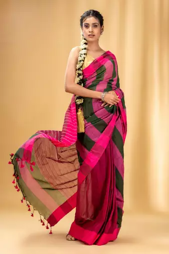 Multicolor Cotton Handwoven Saree With Stripe Gheecha Pallu