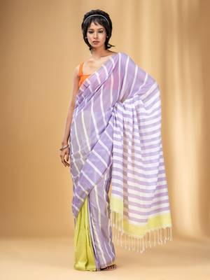 Lavender And Lemon Yellow Cotton Handwoven Half N Half Saree With Stripe Pattern 1