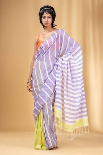 Lavender And Lemon Yellow Cotton Handwoven Half N Half Saree With Stripe Pattern