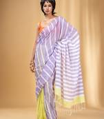 Lavender And Lemon Yellow Cotton Handwoven Half N Half Saree With Stripe Pattern