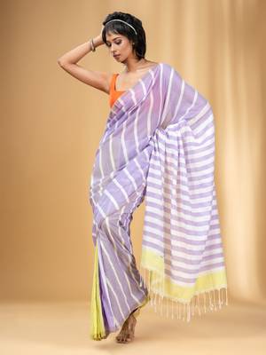Lavender And Lemon Yellow Cotton Handwoven Half N Half Saree With Stripe Pattern 2