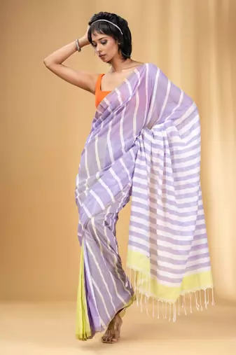 Lavender And Lemon Yellow Cotton Handwoven Half N Half Saree With Stripe Pattern