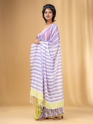 Lavender And Lemon Yellow Cotton Handwoven Half N Half Saree With Stripe Pattern 3