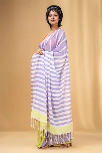 Lavender And Lemon Yellow Cotton Handwoven Half N Half Saree With Stripe Pattern