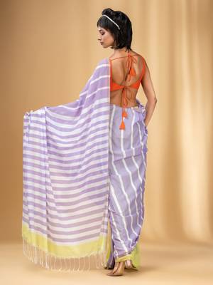 Lavender And Lemon Yellow Cotton Handwoven Half N Half Saree With Stripe Pattern 4