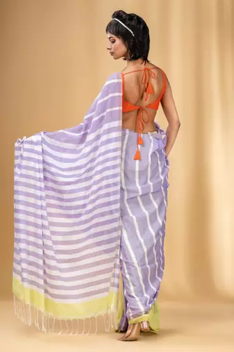 Lavender And Lemon Yellow Cotton Handwoven Half N Half Saree With Stripe Pattern