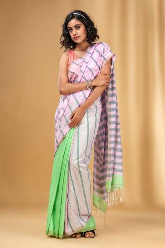 Baby Pink And Light Green Cotton Handwoven Half N Half Saree With Stripe Pattern
