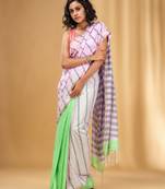 Baby Pink And Light Green Cotton Handwoven Half N Half Saree With Stripe Pattern