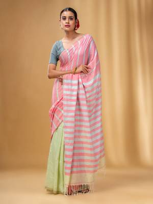 Flamingo Pink And Tea Green Cotton Handwoven Half N Half Saree With Stripe Pattern 1